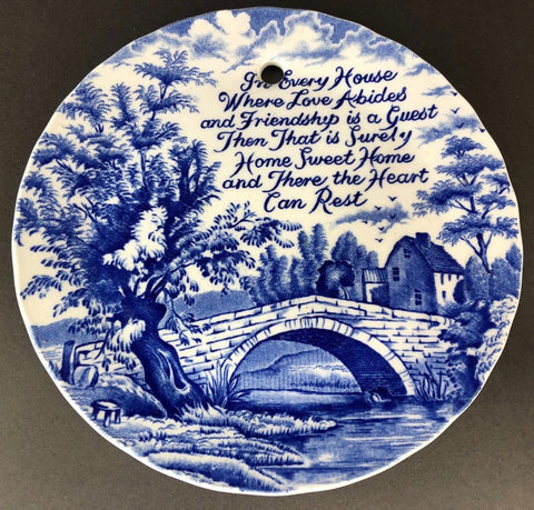 Vintage Blue Toile Transferware Plaque English Ironstone Where The Heart Can Rest - Home - Poem