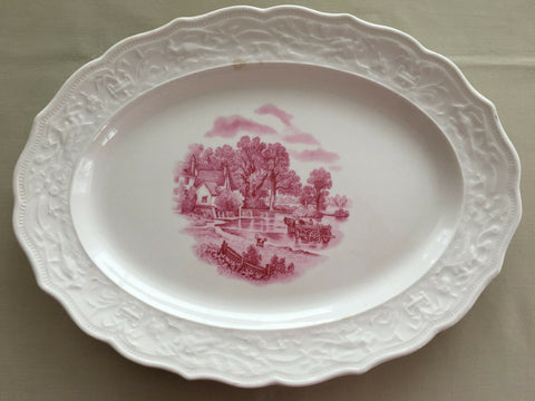 Vintage Embossed Rim Red / Pink Transferware Platter Pastoral Scene Horse & Cart
