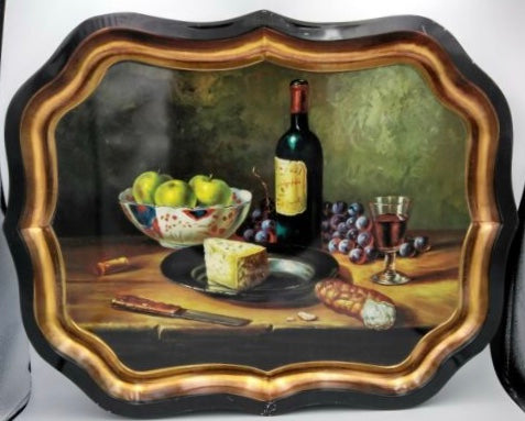 Vintage Still Life Tole Tray Toleware Wine, Cheese  & Fruit Board Ian Logan London England