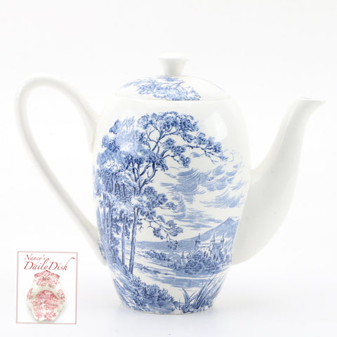 Wedgwood Blue Transferware Tall Coffee Pot English Countryside Bridge Castle