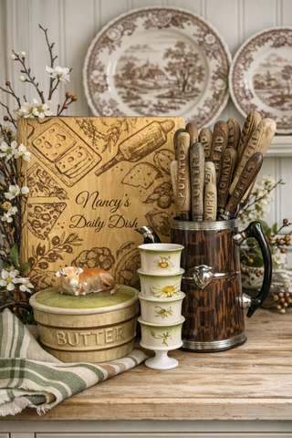 Vintage English Advertising Cow Butter Tub Faux Bois Wood Barrel Resting Jersey Cow Lid Top