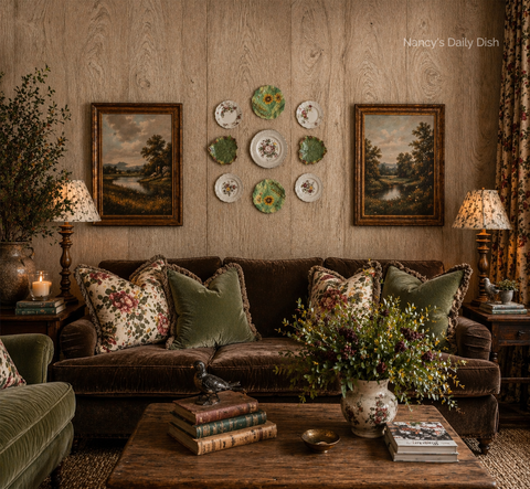 VIntage Instant Platewall  - Brown Transferware & Green Majolica Leaf Plates Set of 9 Mix n Match