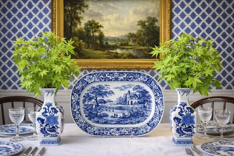 Gorgeous Tall Pair of Blue & White Stylised Floral Chinoiserie Porcelain Vases