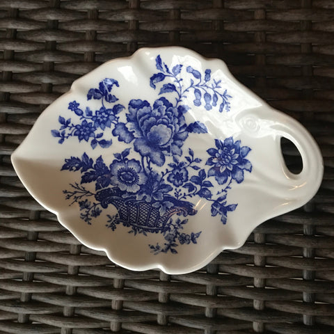 Blue & White Transferware Leaf Shaped Dish Charlotte Basket of Flowers