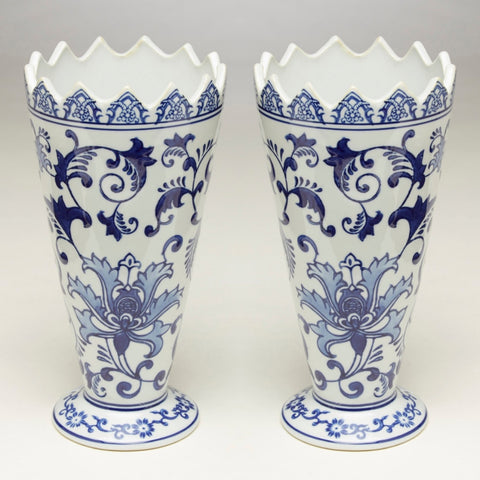 Designer Pair Jagged Rim Sawtooth Blue & White Vases