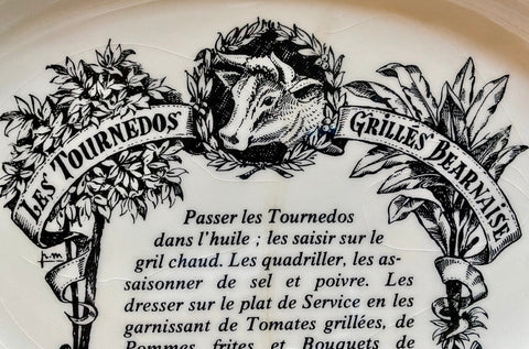 Les Tournedos Grillés Bernaise French Cow Advertising Black Transferware Platter Gien