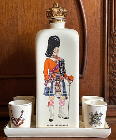 Vintage / Antique Scotch Decanter Liquor Bottle Tray & Clan Shot Glasses Scottish Royal Highlander Laird