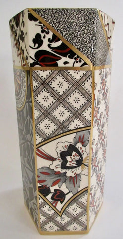 Black English Transferware Enameled Tall Octagon Vase Masons Patchwork Appliqué