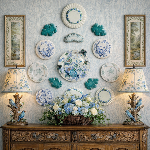 Fragments of Grace: Where Grace Takes Wing 14 Piece Majolica Blue & Green Teal Turquoise Transferware Instant Platewall