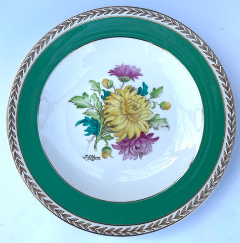 Antique Signed Hand Painted Chrysanthemums  Botanical Transferware Plate  English Cottage