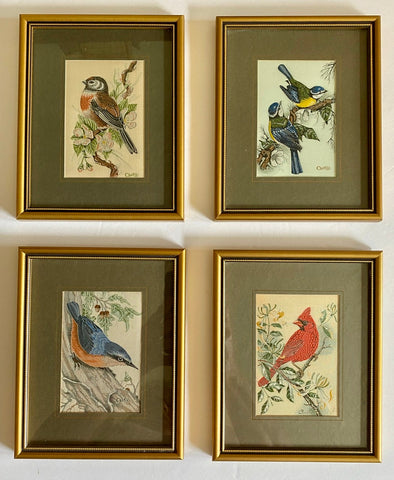 Vintage English Woven Silk Blue Tit Bird Matted in Gold Frame