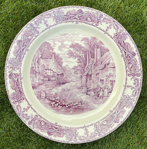 Purple Transferware Platter Charger Tray Rural Scenes Thatched Cottage Mother Children Bee Skep