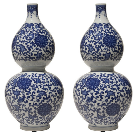 Designer Pair 11” Blue & White Vases Double Gourd Chinoiserie