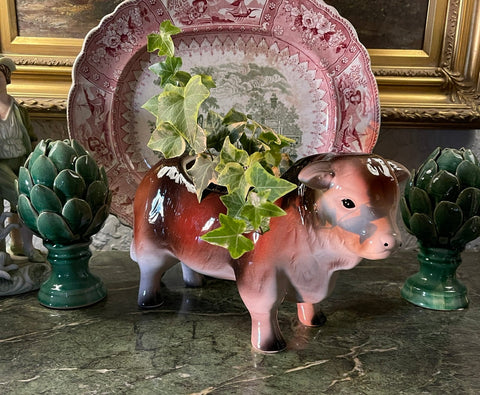 Country French Hereford Bull / Cow Flower Pot Planter or Cookie Jar Figurine Vintage Style