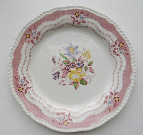Vintage English Pink / Red Transferware Deep Plate Bowl Hand Painted Victorian Bouquet of Flowers Ridgway Rutland