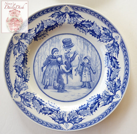 Spode Blue English Transferware Plate Vintage Winter Victorian Children & Snowman