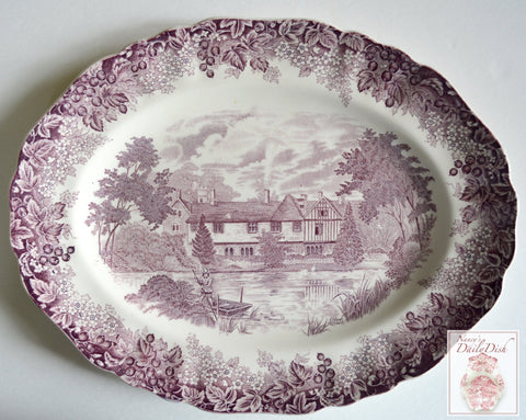 Vintage English Purple Transferware Platter Cottage Boat Lake Swans Flowers Berries
