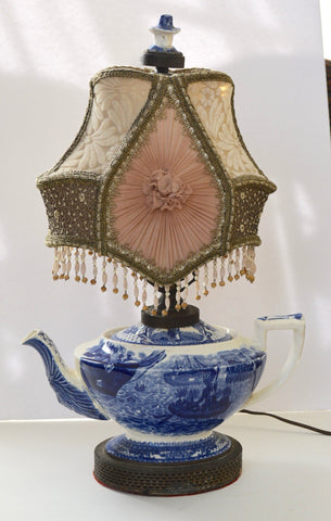 Crown Ducal Blue Transferware Pilgrim Teapot Lamp Indian Spout / The Mayflower Colonial Times