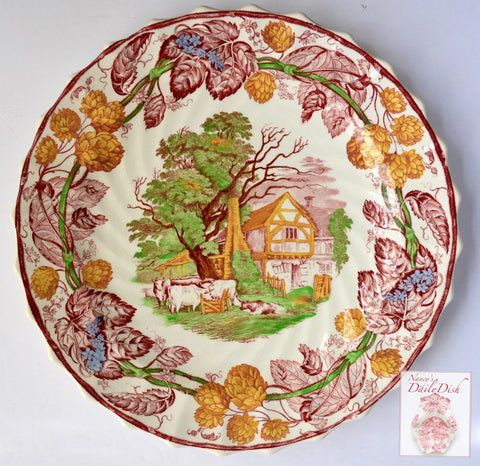 Spode Rural Scenes Red Polychrome Transferware Plate Cattle Cows Farm Cottage Hops Border Hard to Find