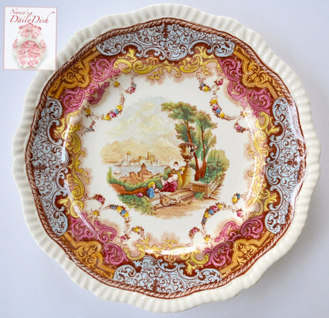 Spode Copeland Music Lesson in the Garden Transferware Continental Views Plate Hand Painted Blue Pink Yellow