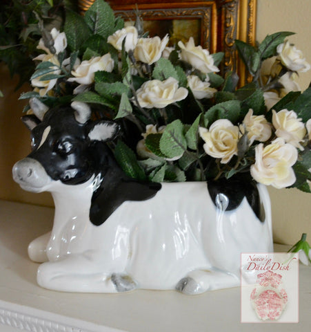 Vintage Country French Black & White Resting Bull / Cow Figurine Planter