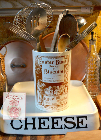 Antique Brown Transferware RARE Easter Biscuits & Bread Advertising English Ironstone Canister Jar Utensil Holder