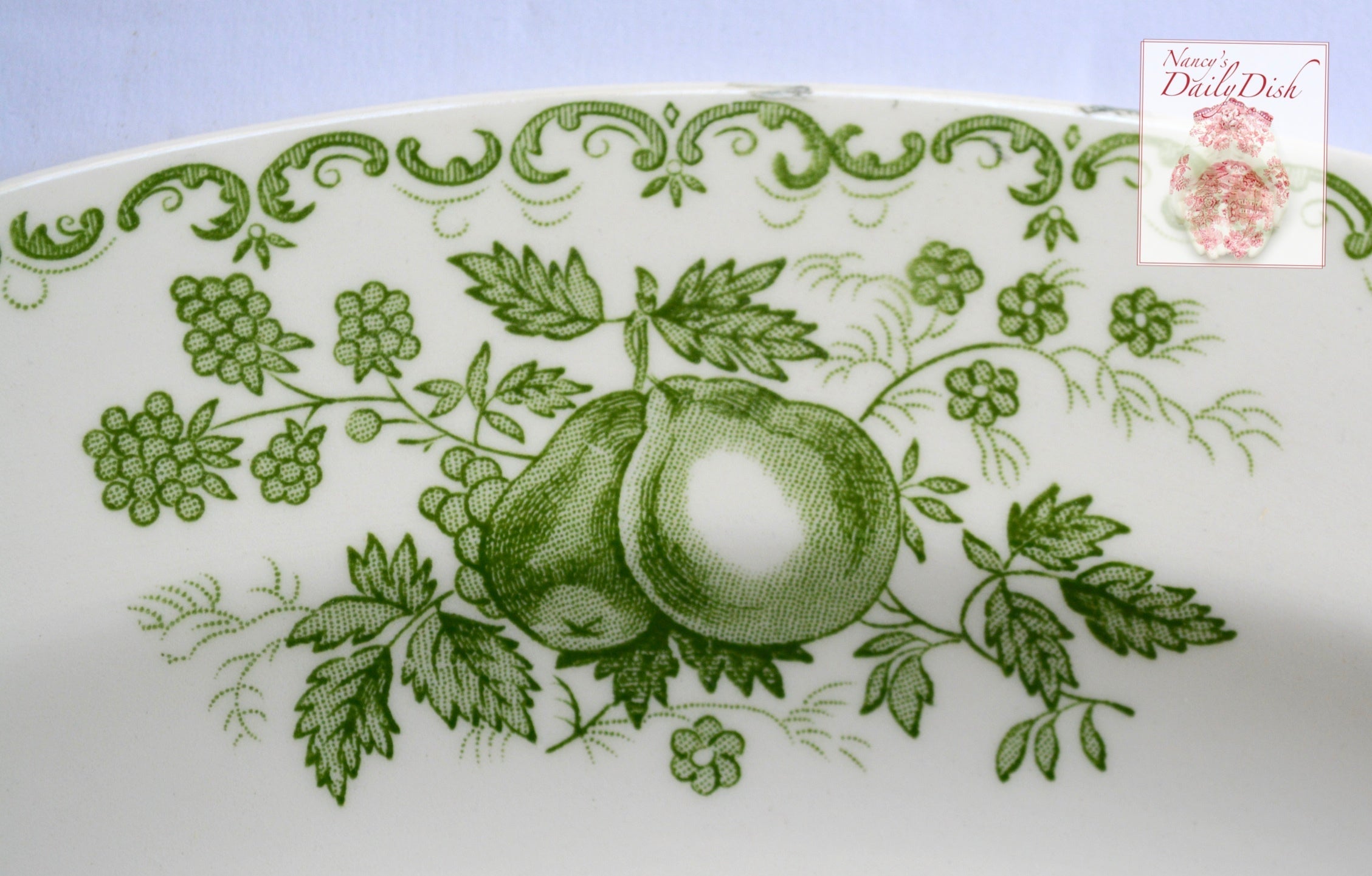 Vintage English Green Transferware Dinner Plate Basket of Fruits & Fol