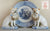 Pair Vintage English Bulldog Tan & Cream Staffordshire Dog Figurines w/ Blue Bow & Basket of Puppies - English Country Decor