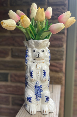 Blue & White Roses Staffordshire Spaniel Dog Figural Pitcher / Vase  - English Country Decor