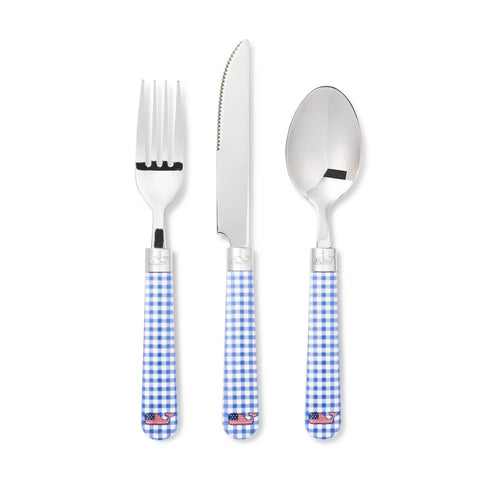 Blue Gingham Flatware Service for 1 - 3  piece set - Blue & White Checked Flatware