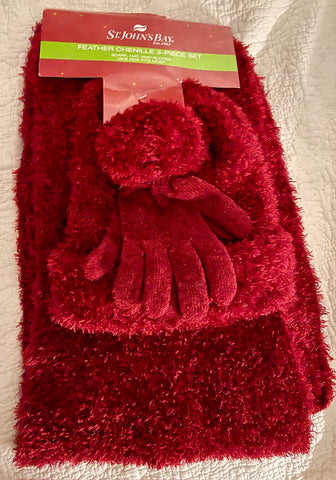 Cranberry Red St John’s Bay NEW Feather Chenille Scarf Gloves Hat Set