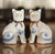 Pair Blue & White Flowers English Staffordshire Mantle Cats w/ Copper Lustre Bows