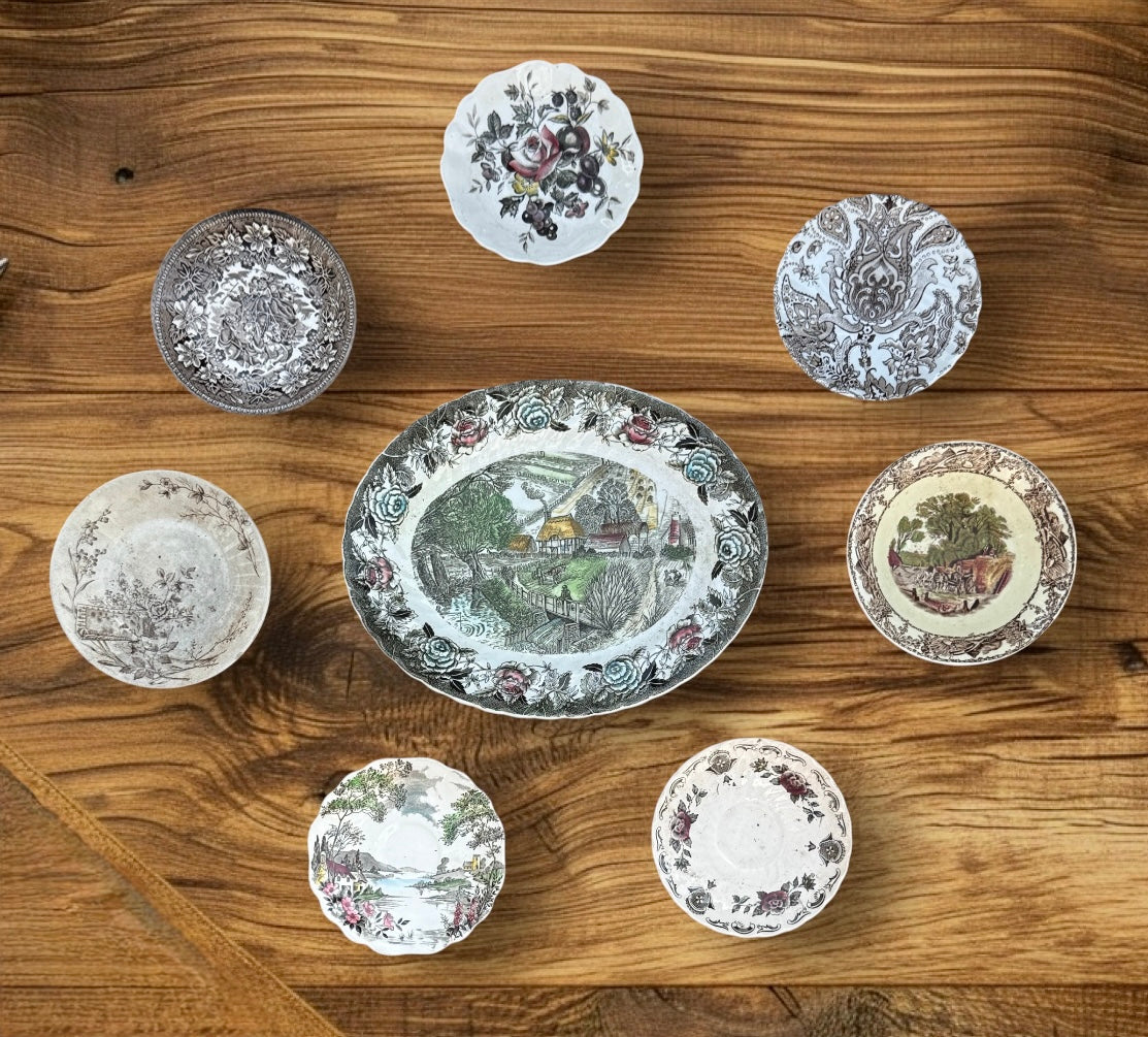 Mix n Match Vintage English China Brown Transferware Plates Hand