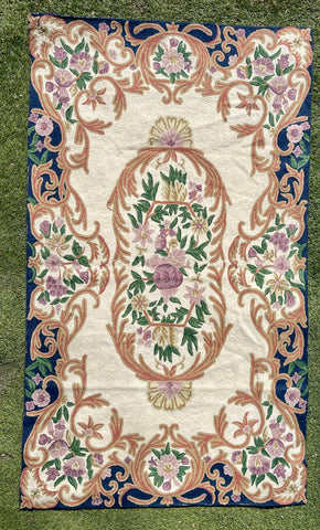 Vintage Williams Sonoma Wool Embroidered Chain Stitch Floral Rug Blue Cream Lavender Flowers 3 x 5