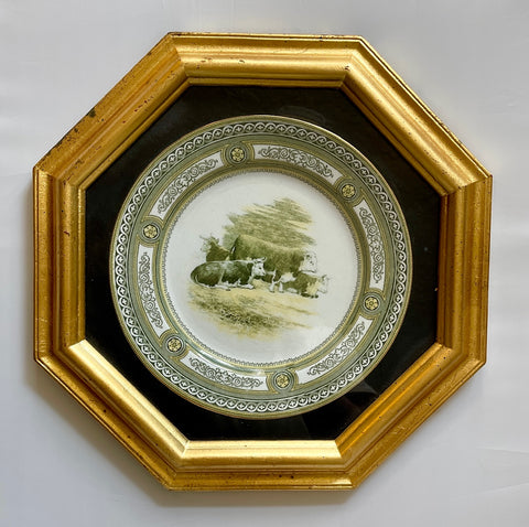 Framed Burslem Doulton Antique Grazing Cattle Cows Charger Plate Green Yellow Transferware Staffordshire China  RARE