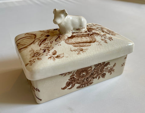 Figural Cow Topped Lidded Butter Box or Tea Caddy Charlotte Brown Transferware Royal Crownford