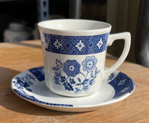 Vintage Blue & White Flowers Chinoiserie Transferware Tea Cup & Saucer