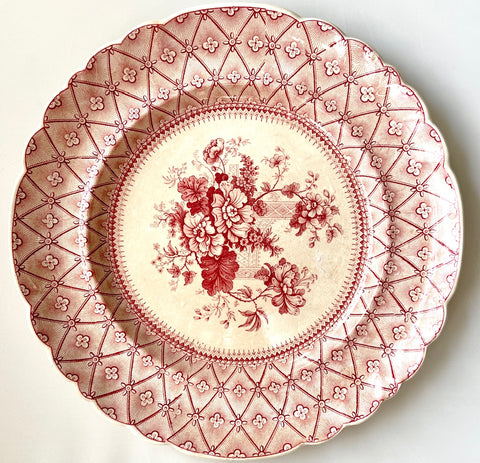 Antique 19th Century Red Transferware Floral Plate Lace Diamond Pattern Border