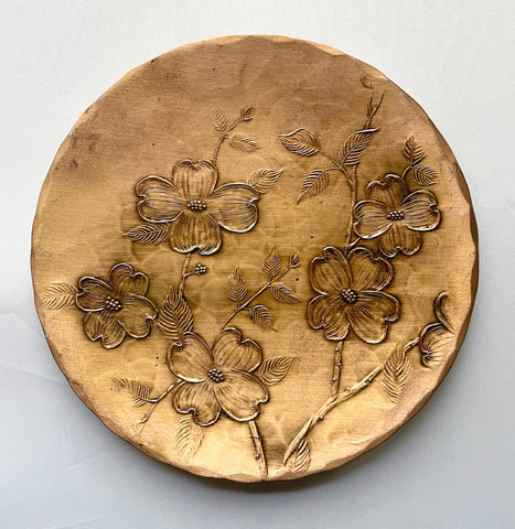 Hand Hammered Signed Cherry Blossoms Solid Bronze Plate Plaque