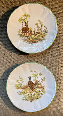Pair of Vintage Bavarian Animals Pheasants & Deer Doe in the Forest Plates Green Trim