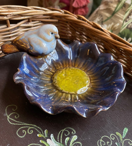 Hand Painted Bird on Blue Flower Majolica Soap Dish / Candy Bowl