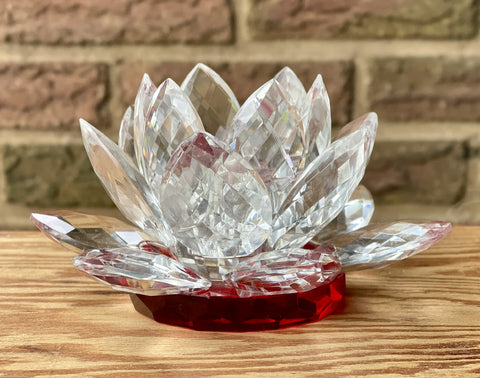 Vintage Ruby Red & Clear Lotus Flower 🪷 Crystal Prisms Taper Candle Holder