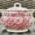 Dual Handle Red Transferware Sugar Bowl Basket of Fruit and Flowers Butterfly Royal Doulton
