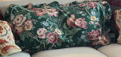 Vintage Pair of Ruffled Green Pink  English Country Flowers Tulips Roses  KING 2 Shams