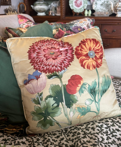 Custom  Designer Brunschwig Throw Pillow Poppies Anemone Floral Silk Chintz English Country