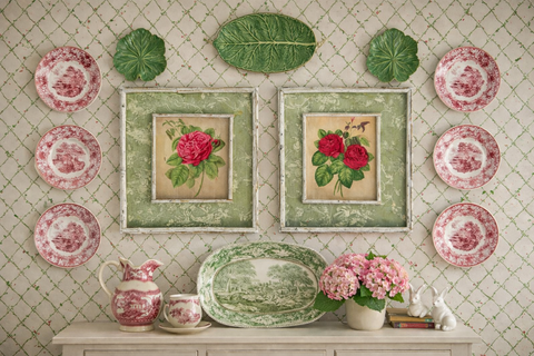 Vintage English Country Cabbage Rose 🌹 Print on Board w/ Green Toile & Distressed Bamboo Frame