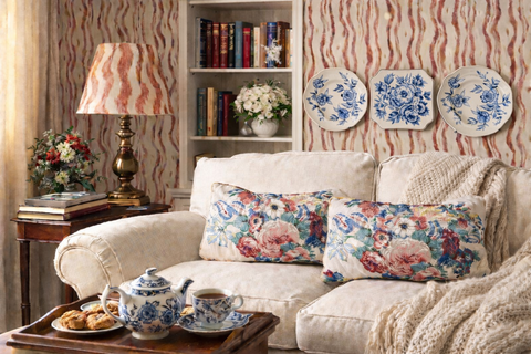 Custom Designer Lumbar Pillow Blue Pink Vintage Chintz English Country Ribbons & Roses (2 available)