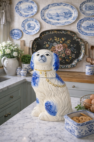 Pair Blue & White Staffordshire Spaniel Canister Cookie Jar