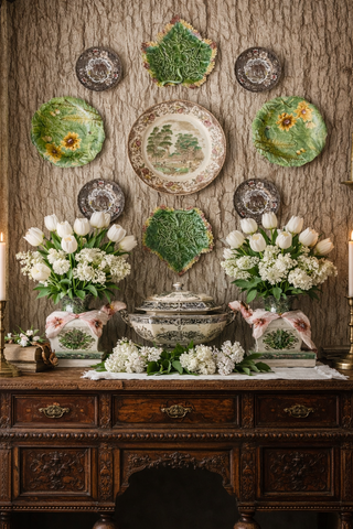 Instant Platewall  - Brown Transferware & Green Majolica Leaf Plates Overdoor Arrangement of 9 Mix n Match