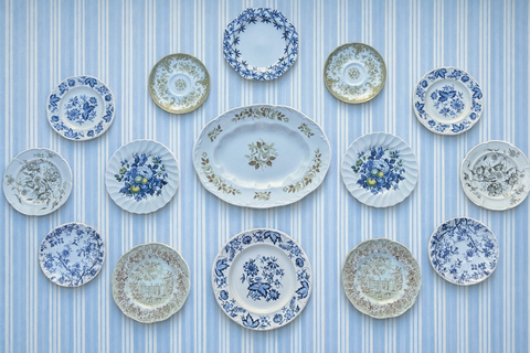 Huge 15 pc Instant Platewall Blue & Green English Transferware Plates & Platter - Mix n Match